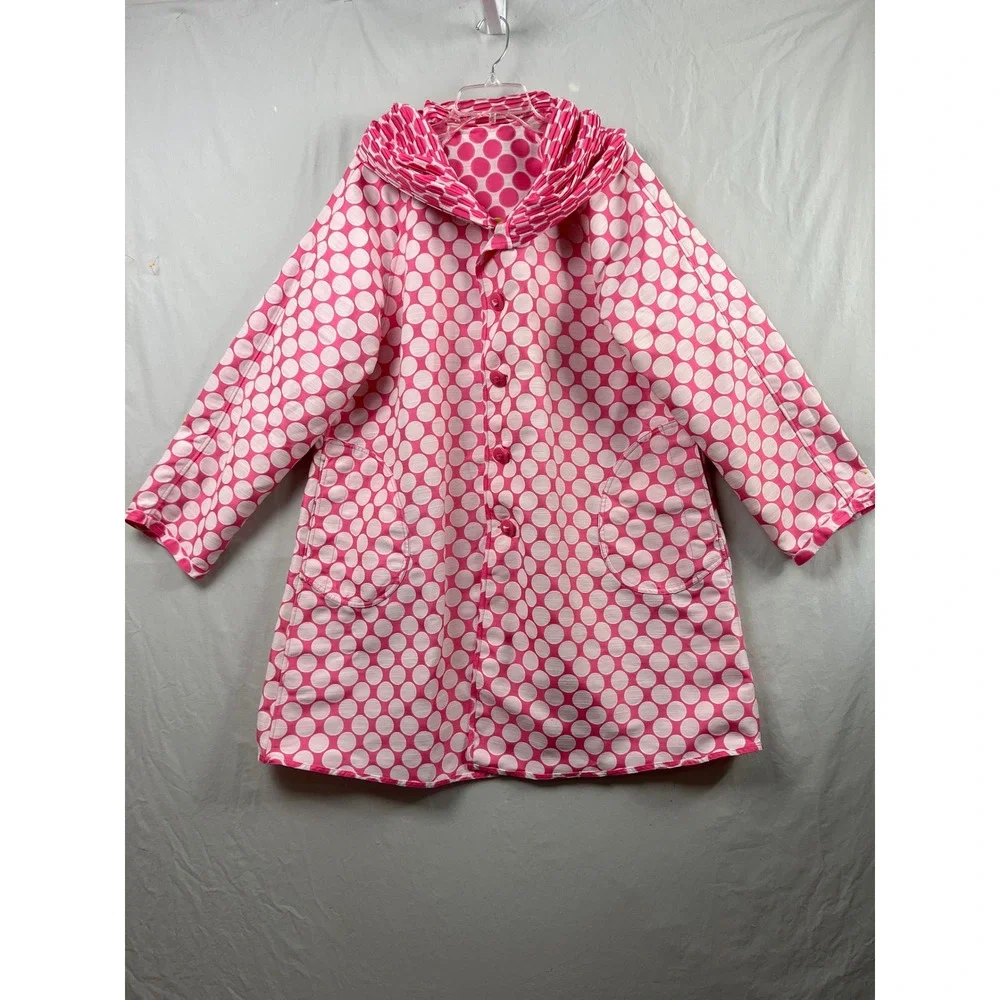 UBU Jacket Women XL Pink White Polka Dot Pleated Hooded Art to Wear Reversible